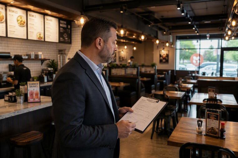 A Step It Up Strategies advisor reviewing an operations checklist on the floor of a working restaurant during service hours.