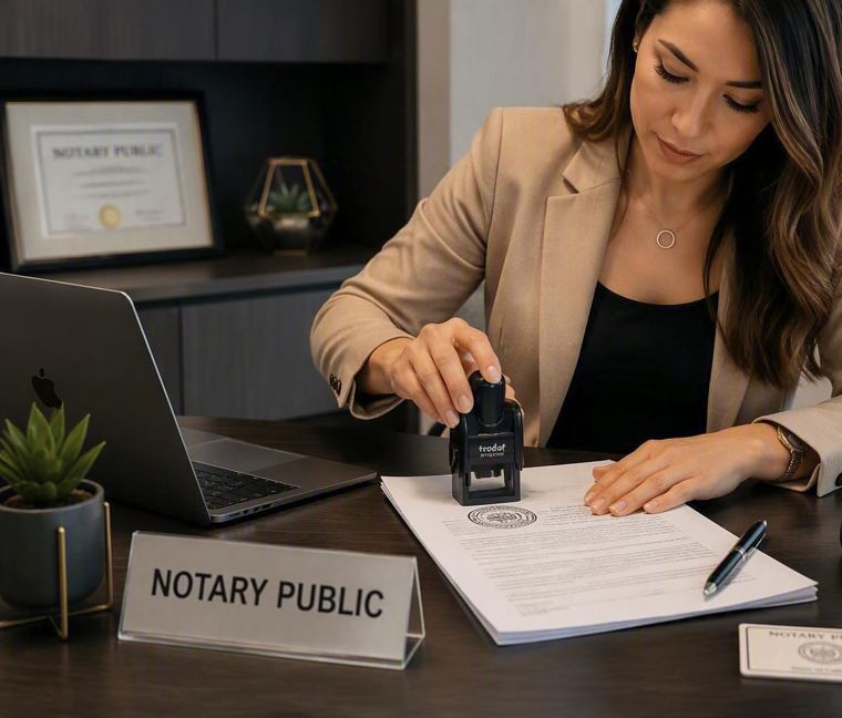 Notary public applying a seal to a document at a desk